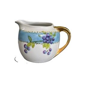 Vintage Bavaria Porcelain Cream Pitcher Hand Painted Grapes Gold Handle